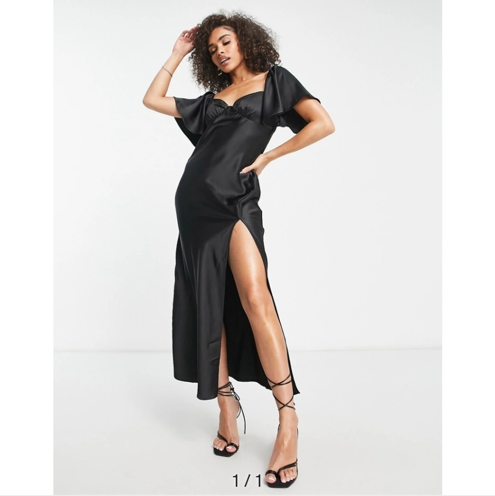 Parallel Lines ASOS Black Satin Sweetheart Ruffle Sleeve Maxi Dress
